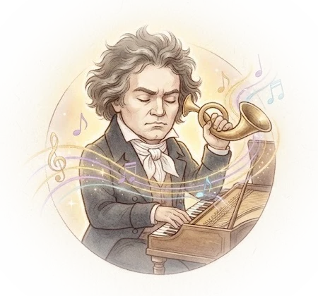 Beethoven au piano, un cornet acoustique contre l’oreille