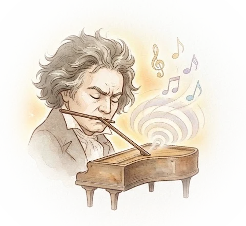 Beethoven au piano, les yeux fermés, une tige de bois entre les dents pour sentir les vibrations